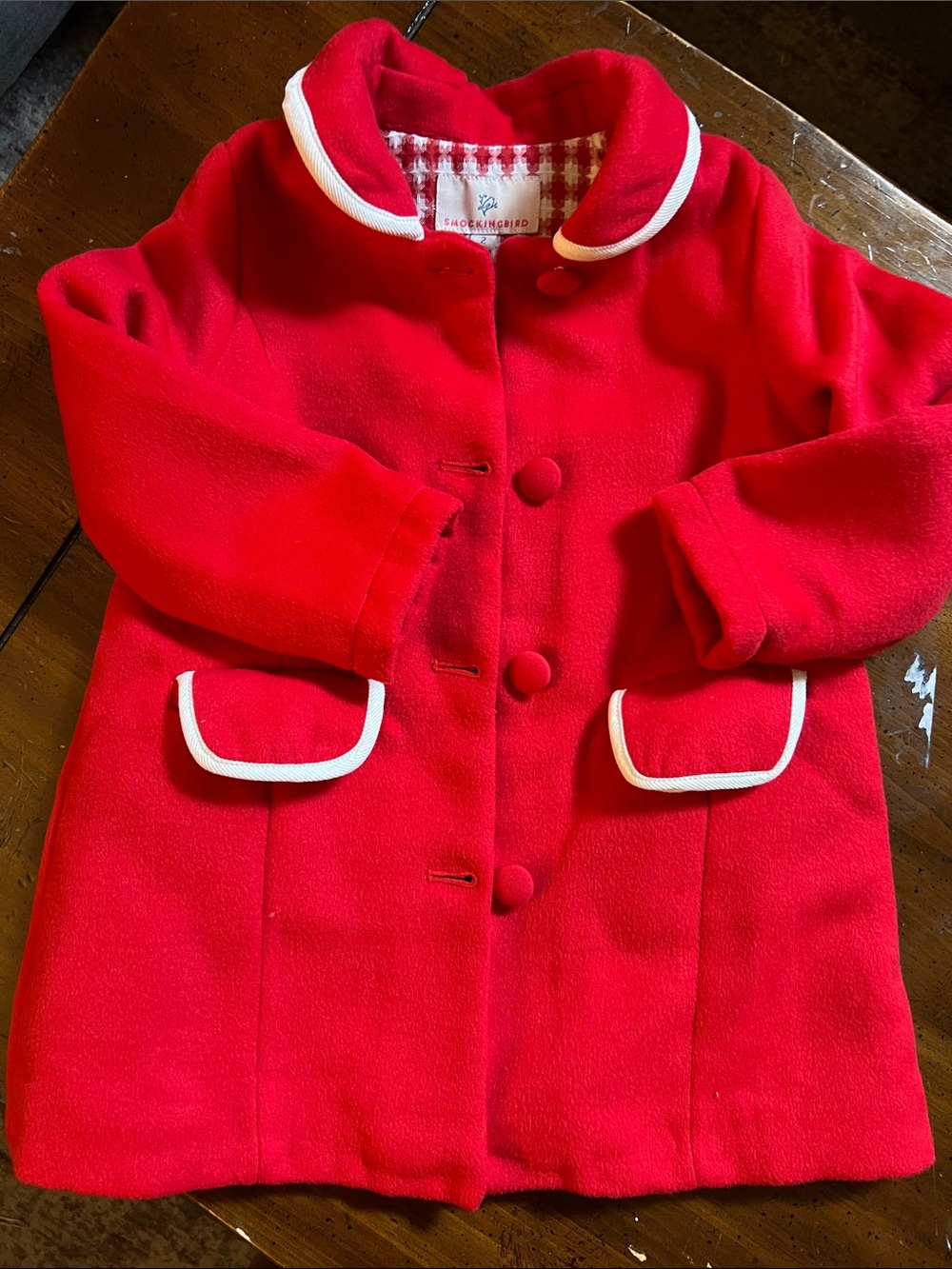 Smockingbird Little Girls Red Coat with White Trim - Classic Kids Outerwear